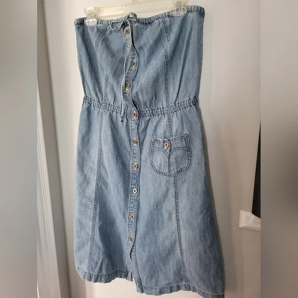 Y2K Levi's Strapless Cotton Denim Button Down Midi Length Dress - Picture 2 of 15